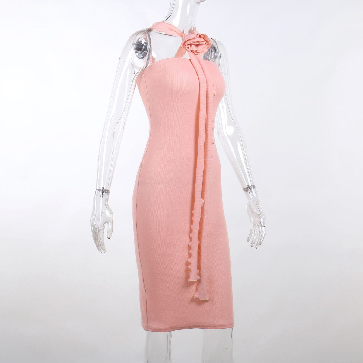 Ribbed Knit Halter Neck Flower Applique Ruffle Bodycon Midi Dress - View 5