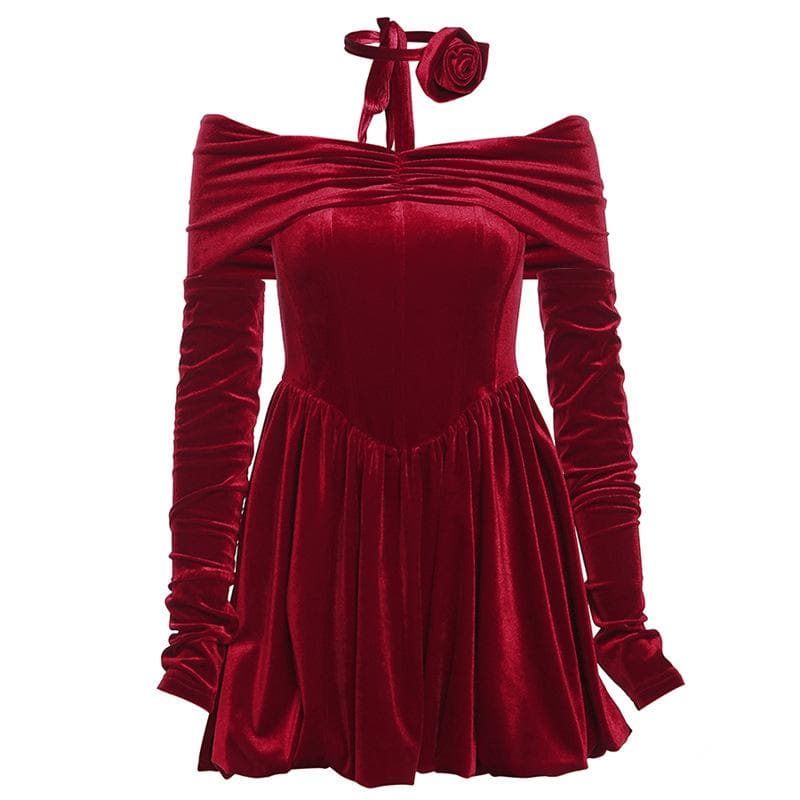 Velvet ruched zip-up off shoulder long sleeve solid mini dress - View 10