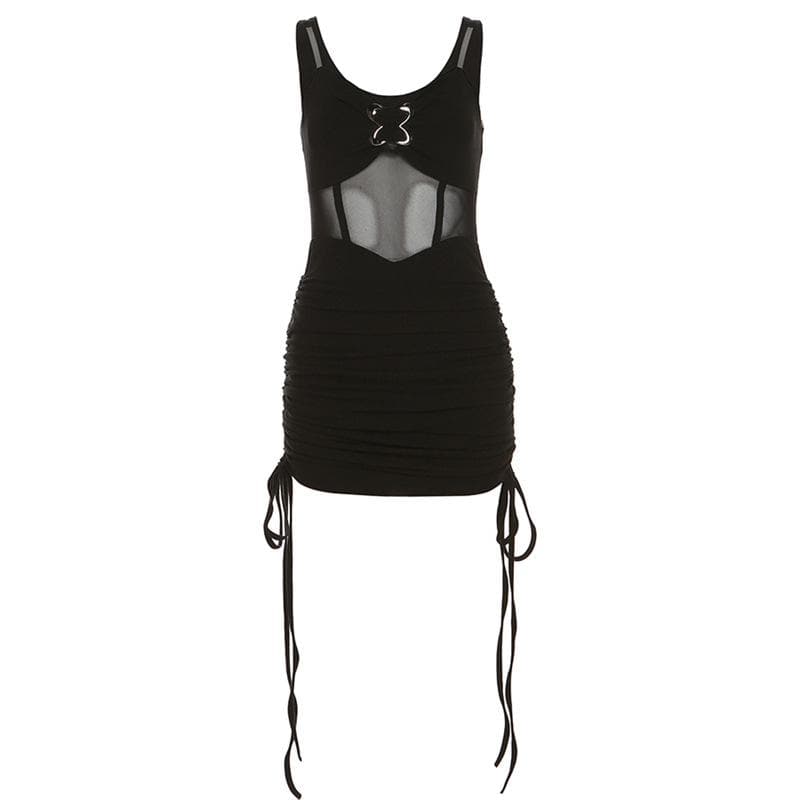 Mesh v neck drawstring buckle ruched metal mini dress - View 3