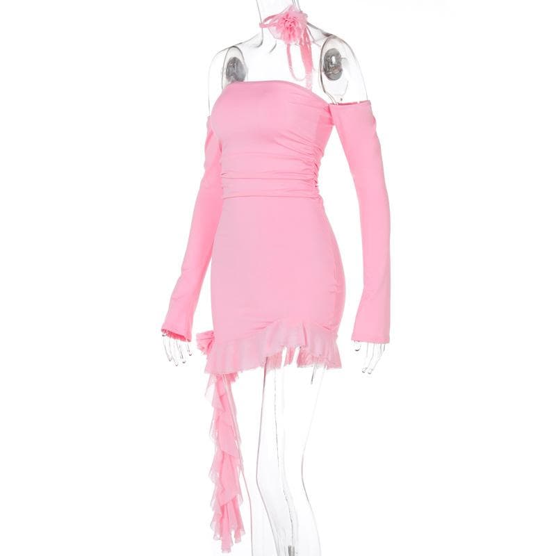 Off Shoulder Long Sleeve Ruched Ruffle Hem Bodycon Mini Dress - View 3