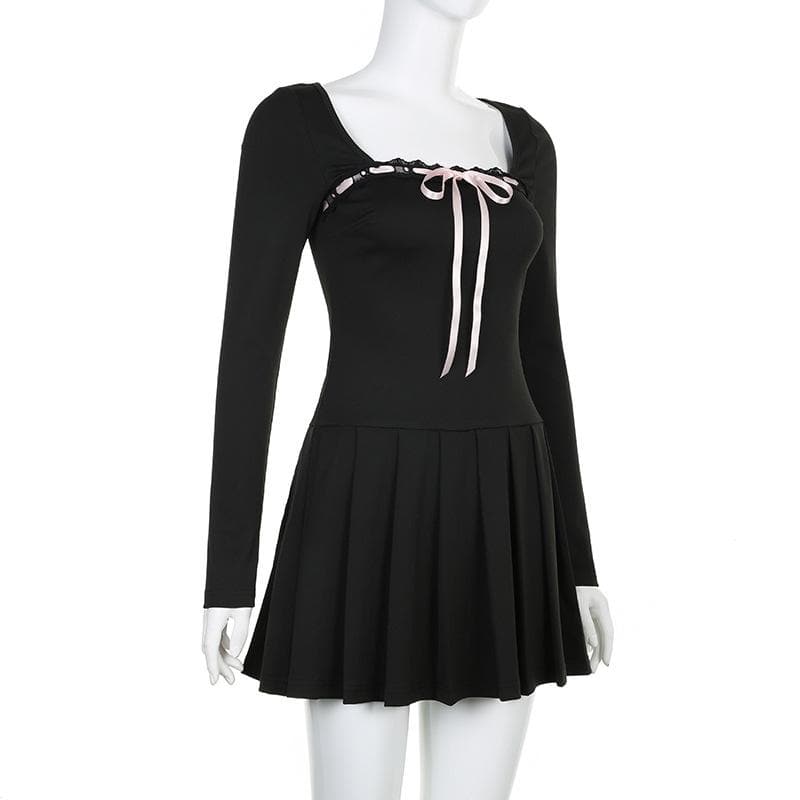 Lace hem square neck contrast long sleeve pleated mini dress - View 3