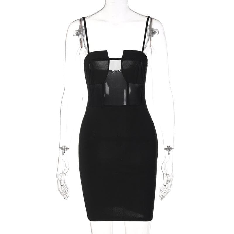 Solid mesh patchwork backless cami mini dress - View 2