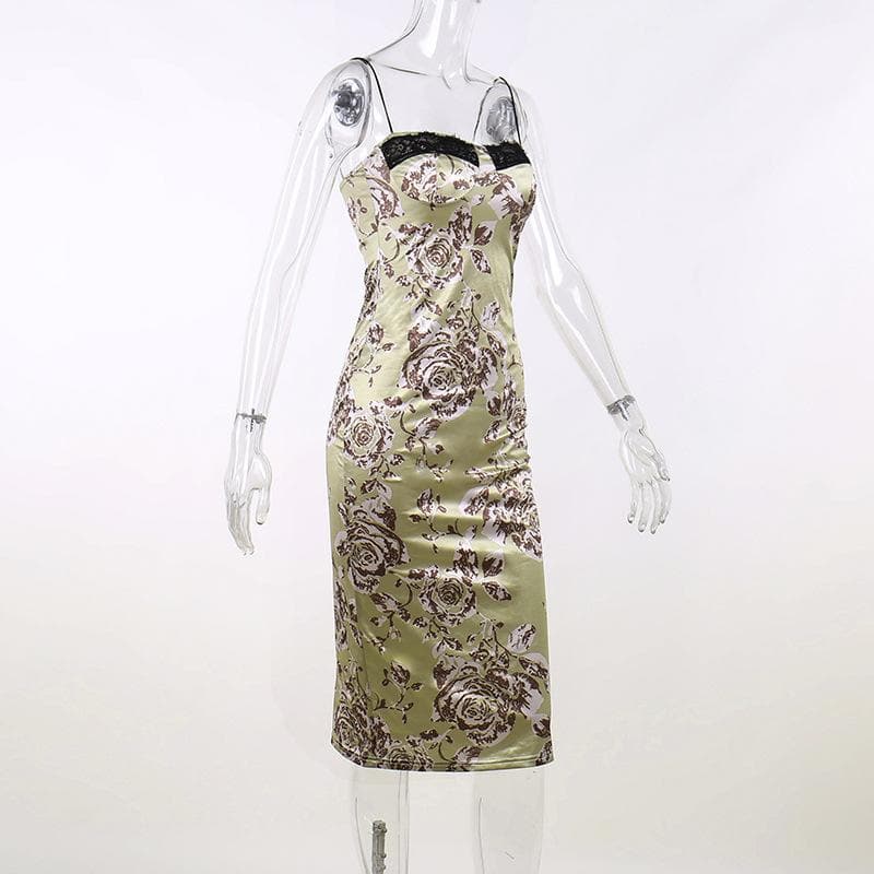 Satin Floral Lace Trim Spaghetti Strap Ruched Bodycon Midi Dress - View 11