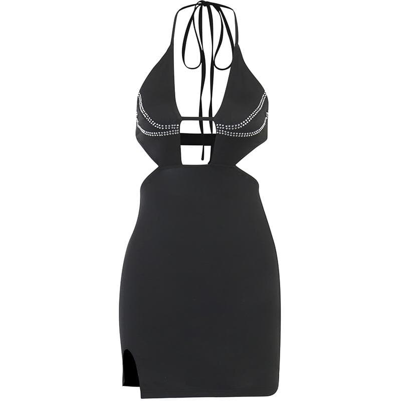 Beaded Halter Neck Cut Out High Split Bodycon Mini Dress - View 2