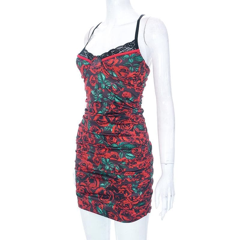 Floral Print Lace Trim Spaghetti Strap Ruched Bodycon Mini Dress - View 3