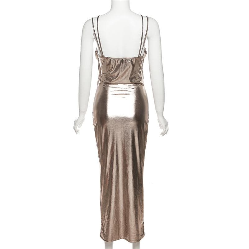 Metallic ruched backless patchwork solid midi dress - View 3