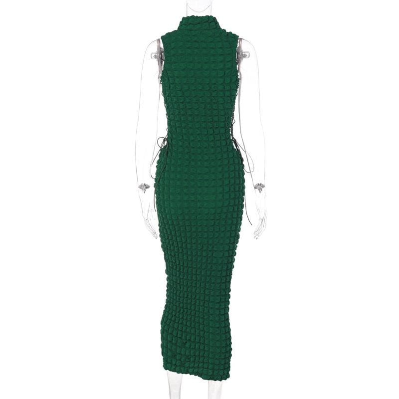 High neck lace up side solid waffle sleeveless midi dress - View 4