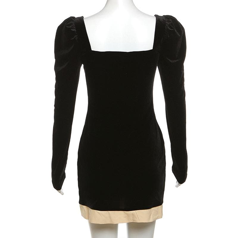 Smocked patchwork ruched contrast long sleeve velvet mini dress - View 3
