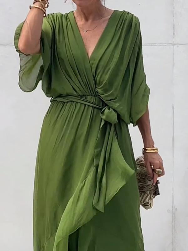 Chiffon Deep V-Neck Batwing Sleeve Tie Waist Ruffle Hem Midi Dress - View 10