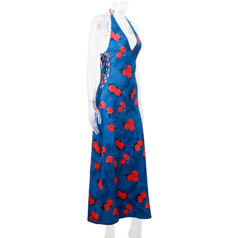 Floral Deep V-Neck Lace Up Backless Slip Maxi Dress - View 3