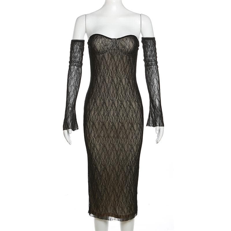 Lace gloves sweetheart neck backless tube midi dress - View 3