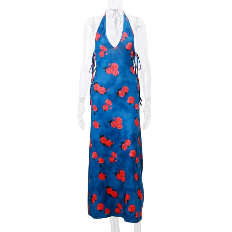 Floral Deep V-Neck Lace Up Backless Slip Maxi Dress - View 8