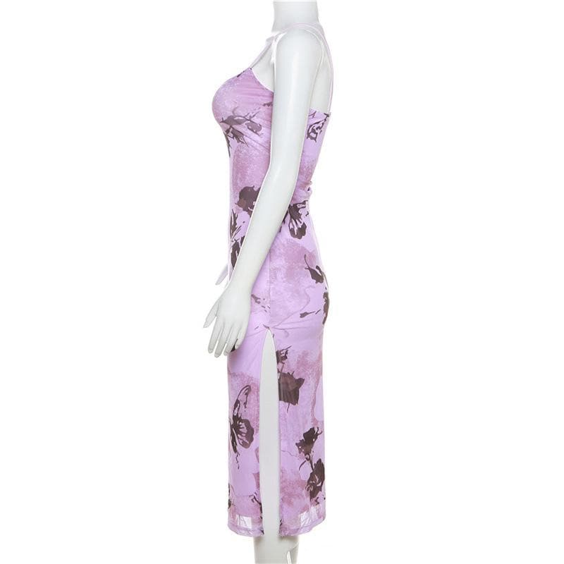 Mesh butterfly pattern slit backless contrast cami midi dress - View 3