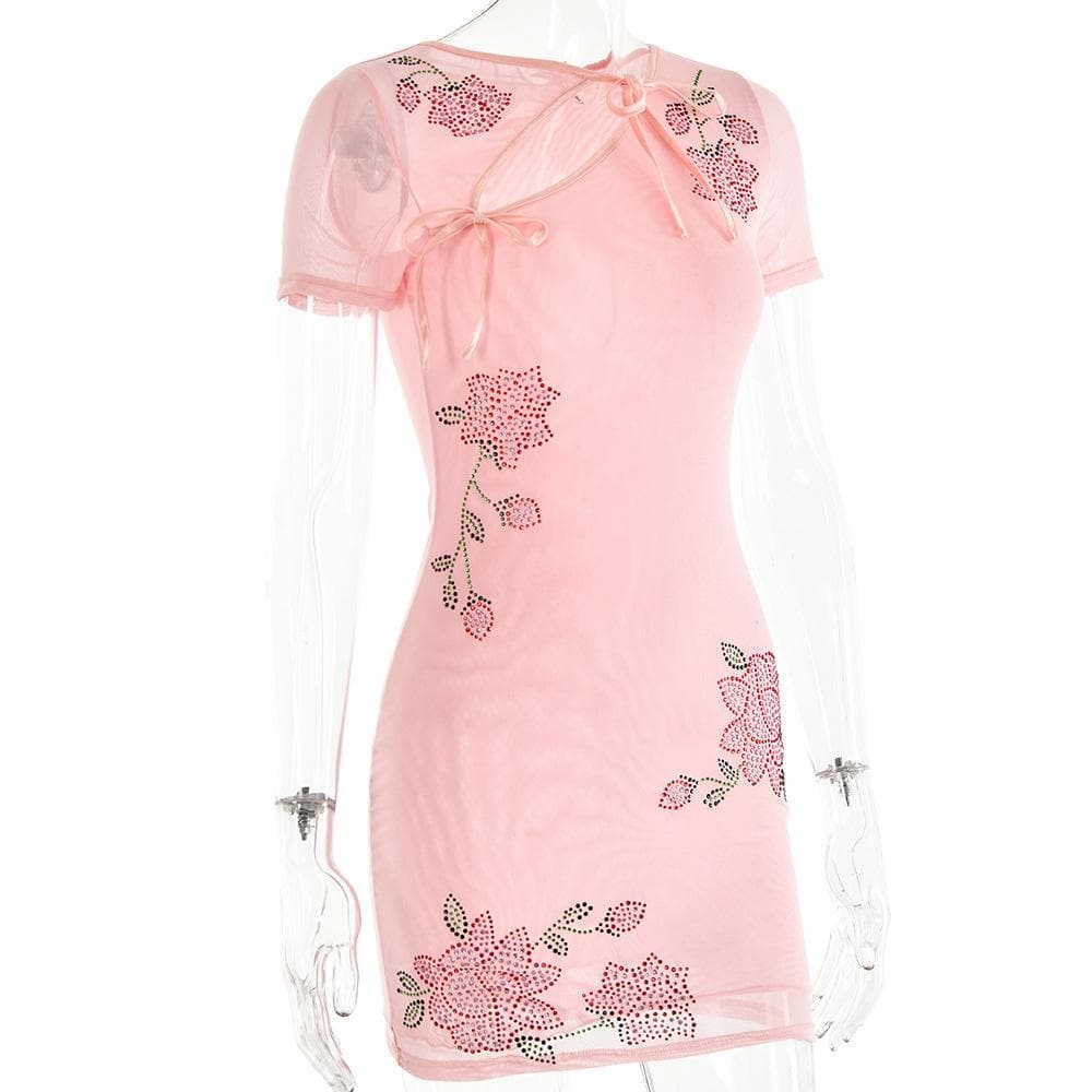Beaded sheer mesh see through self tie short sleeve mini dress - View 3