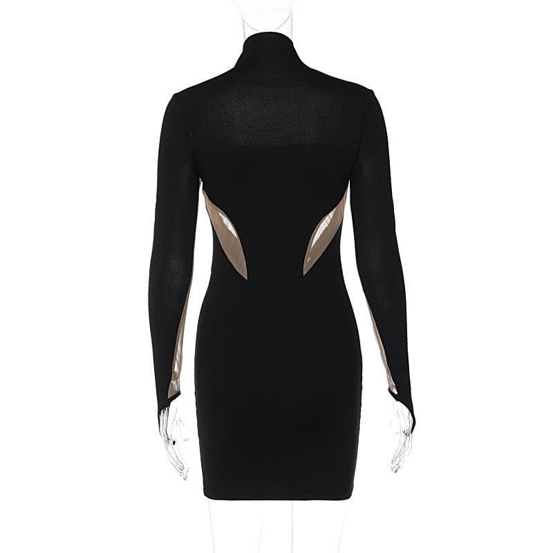 Mesh patchwork contrast gloves high neck mini dress - View 4