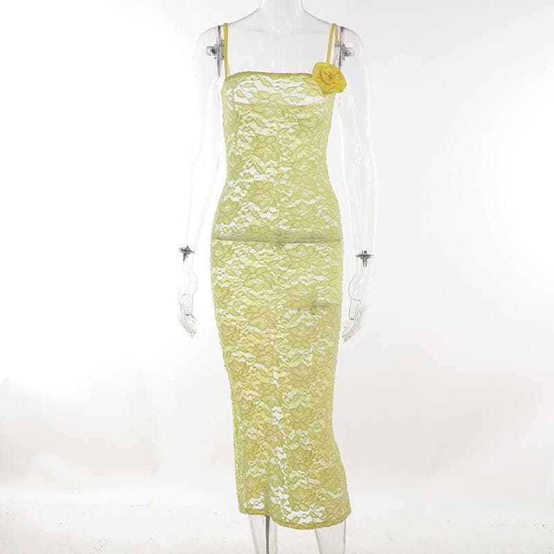 Lace Square Neck Spaghetti Strap Side Slit Bodycon Maxi Dress - View 2
