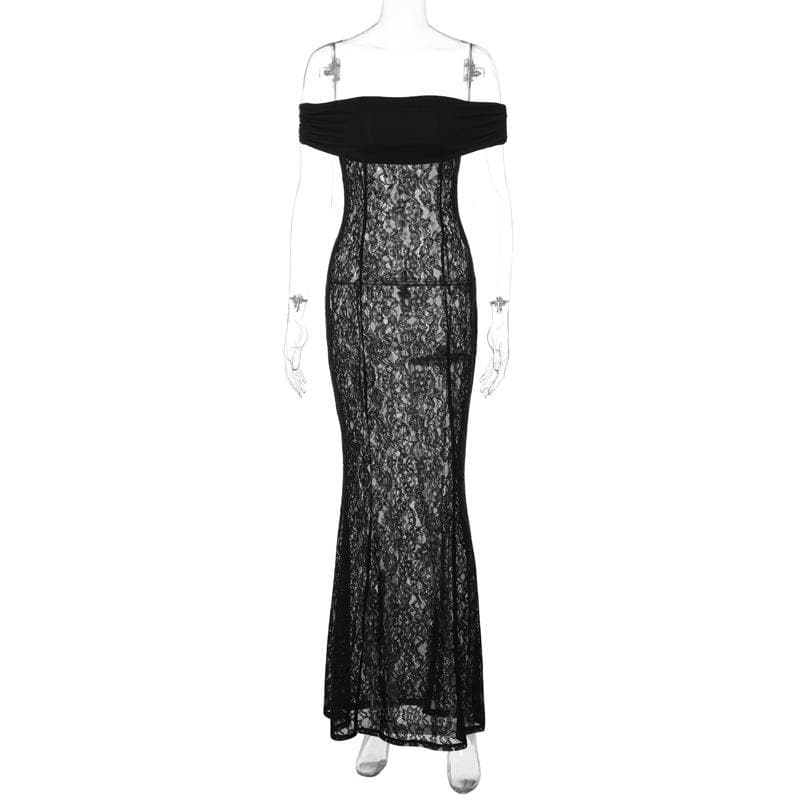 Lace off shoulder see through solid ruched maxi dress - View 8