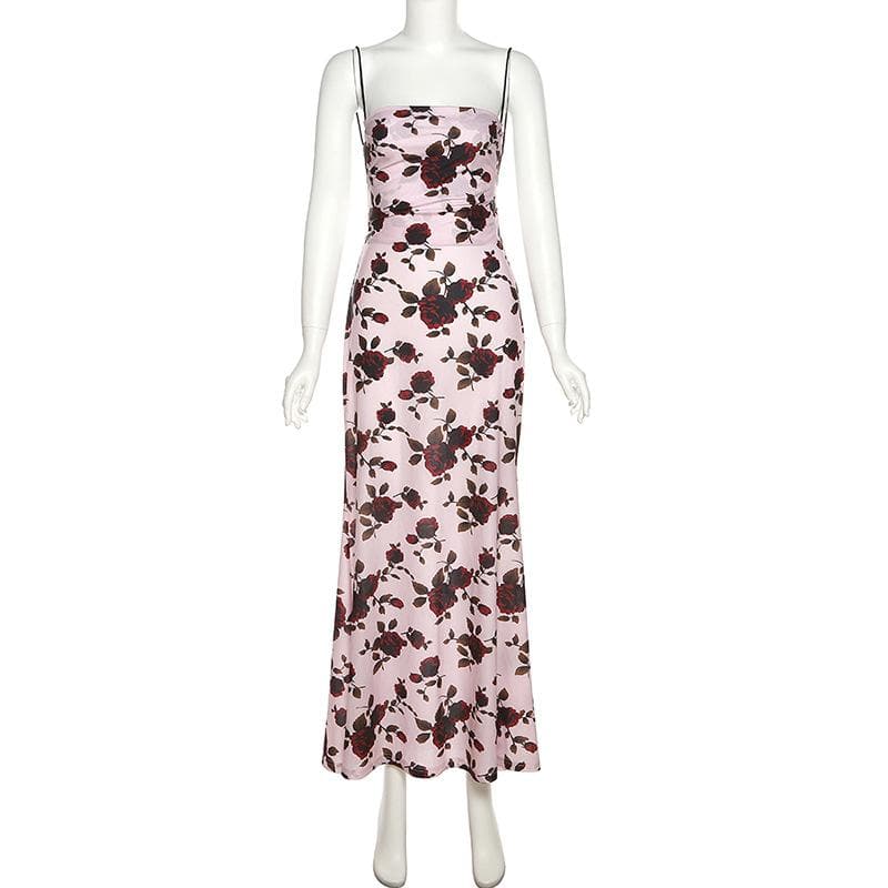 Floral Print Square Neck Spaghetti Strap Ruched Slip Maxi Dress - View 9
