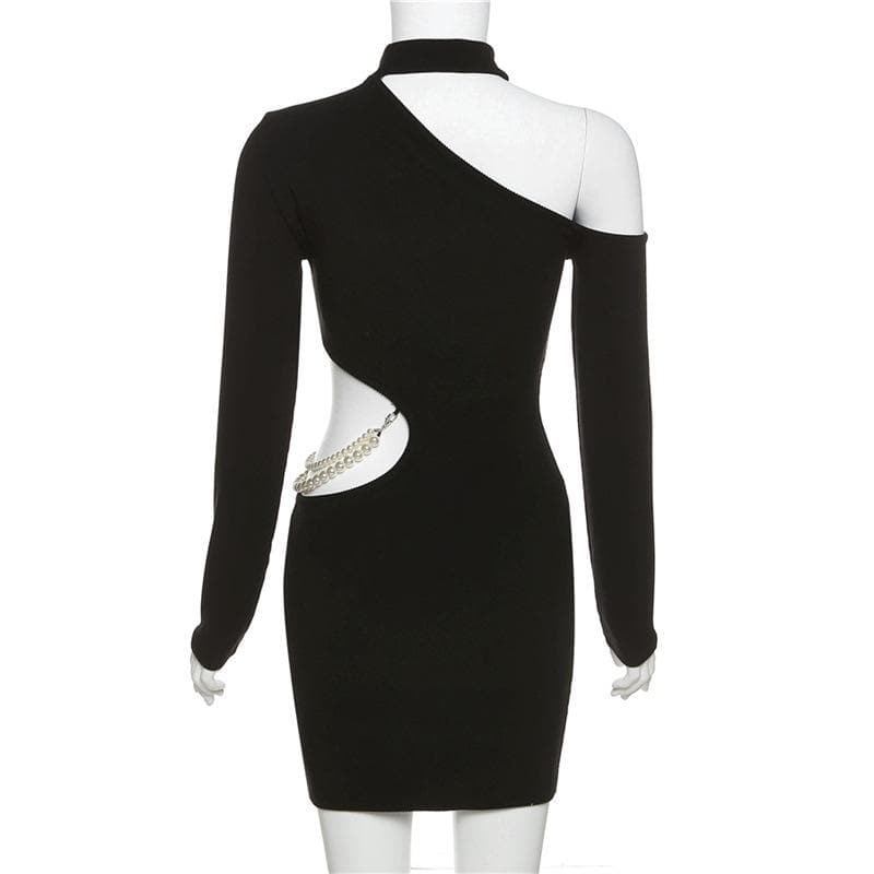 Mock Neck Long Sleeve Asymmetric Shoulder Bodycon Mini Dress - View 4