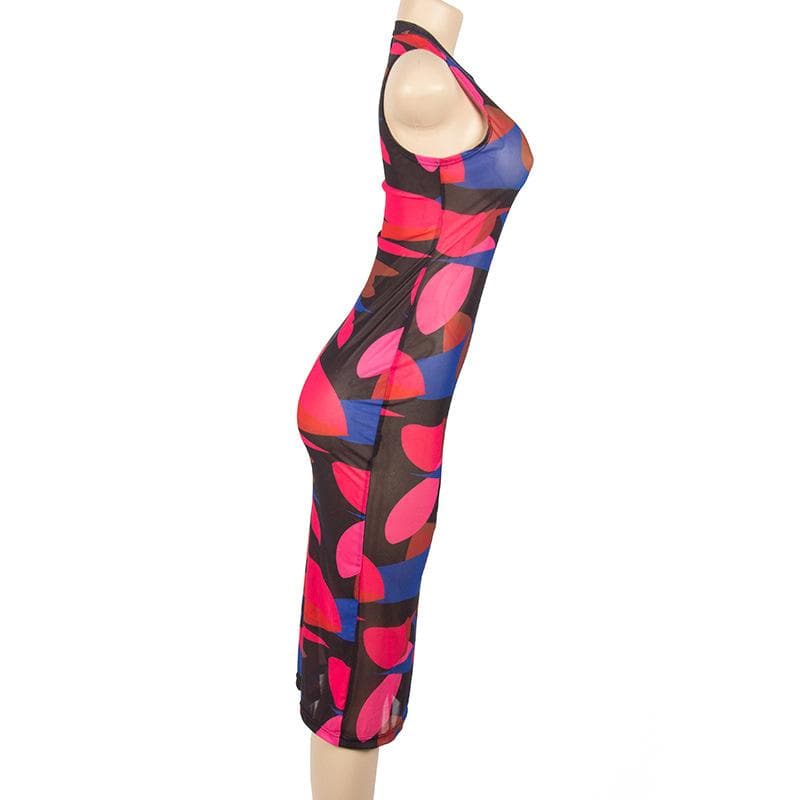 Sleeveless sheer mesh see through contrast print midi dress - View 7