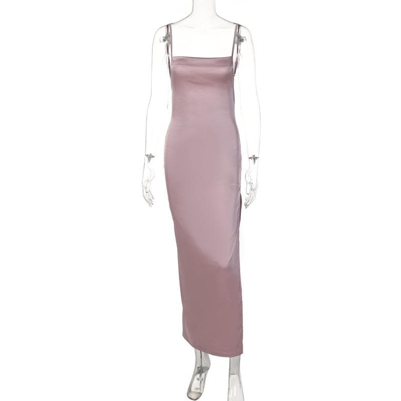 Sleeveless solid slit self tie backless satin midi dress - View 8