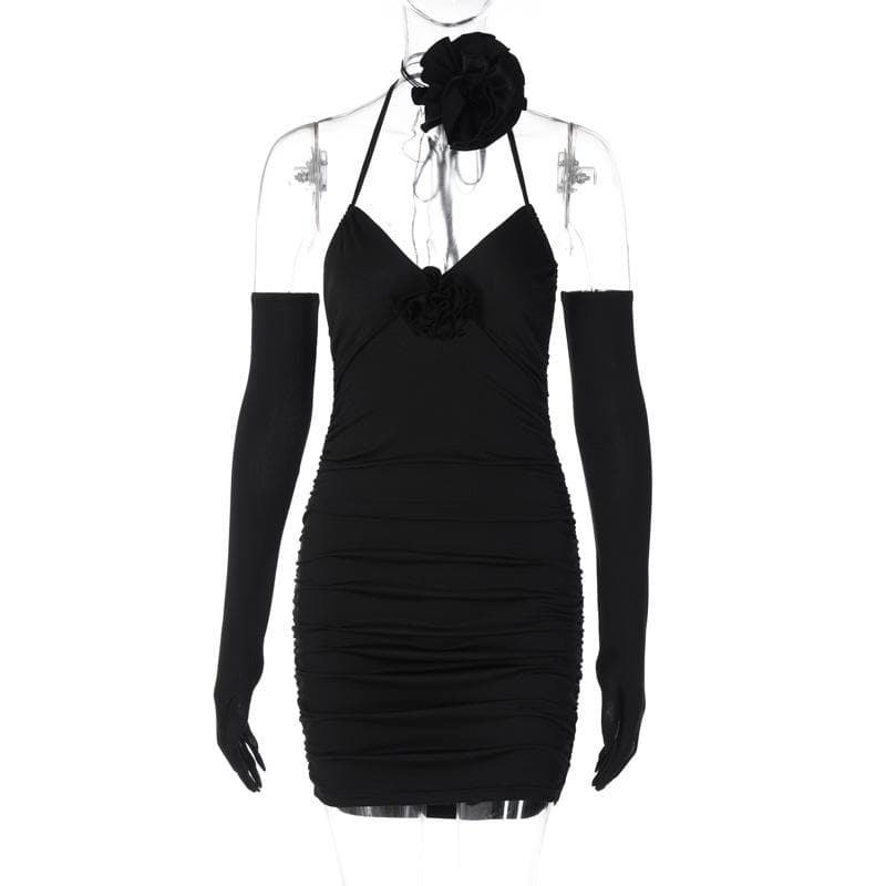 3D Flower Halter Neck Ruched Bodycon Mini Dress - View 8