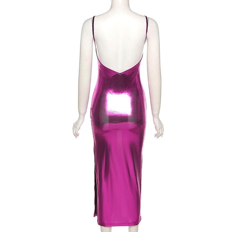 Metallic notch neck slit backless cami midi dress - View 3