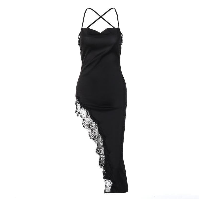 Satin Cowl Neck Spaghetti Strap Lace Trim Cross Back Midi Dress