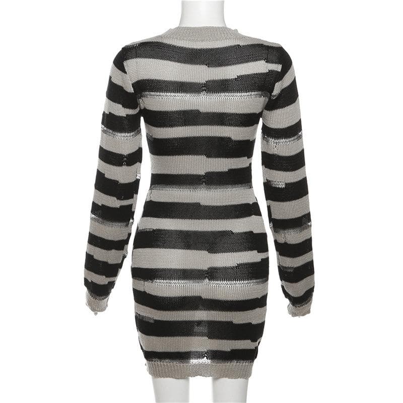 Crochet striped contrast long sleeve crewneck mini dress - View 5