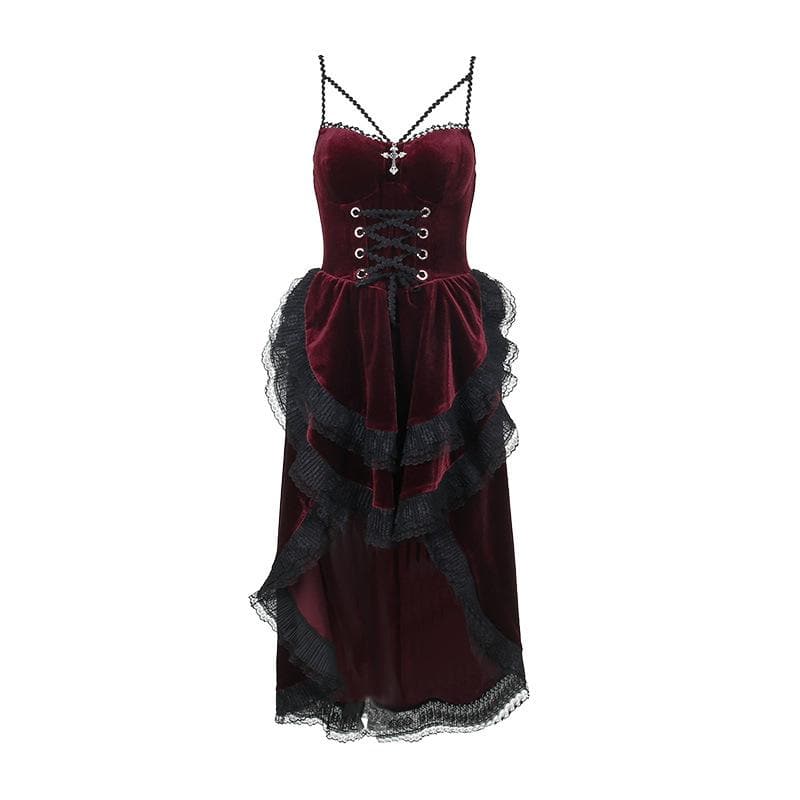 Velvet lace hem ruched lace up backless irregular midi dress - View 3