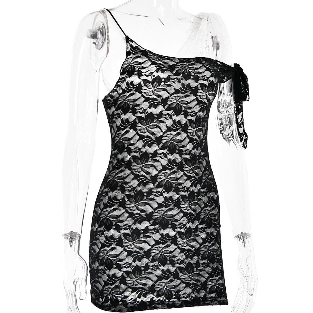 Lace contrast irregular self tie backless mini dress - View 3
