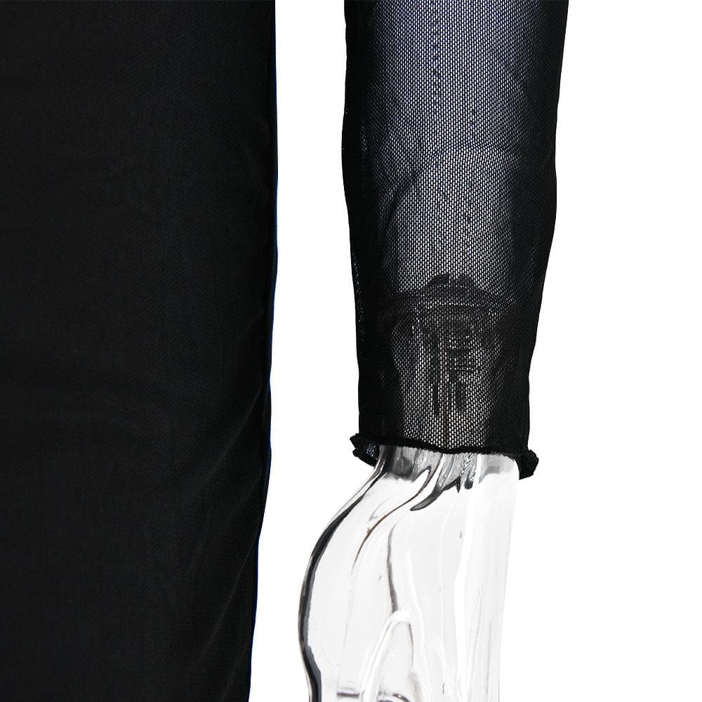 Patchwork lace mesh long sleeve zip-up slit solid maxi dress - View 7