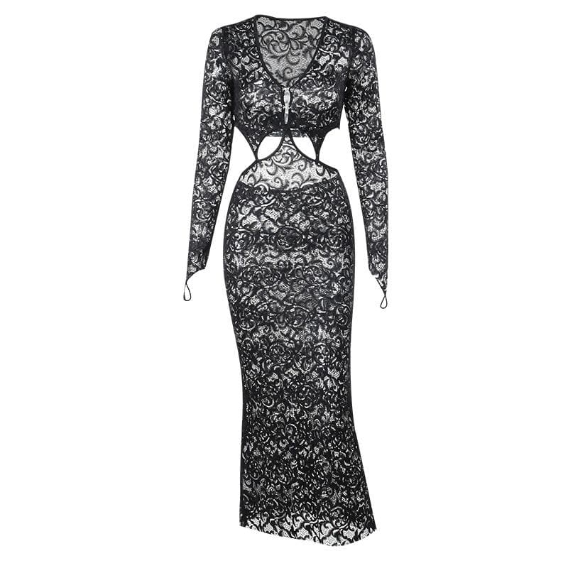 Lace gloves long sleeve button hollow out midi dress - View 2