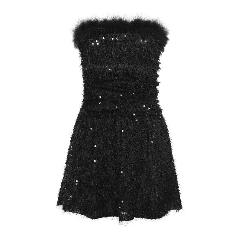 Textured glitter backless feather tube mini dress - View 3