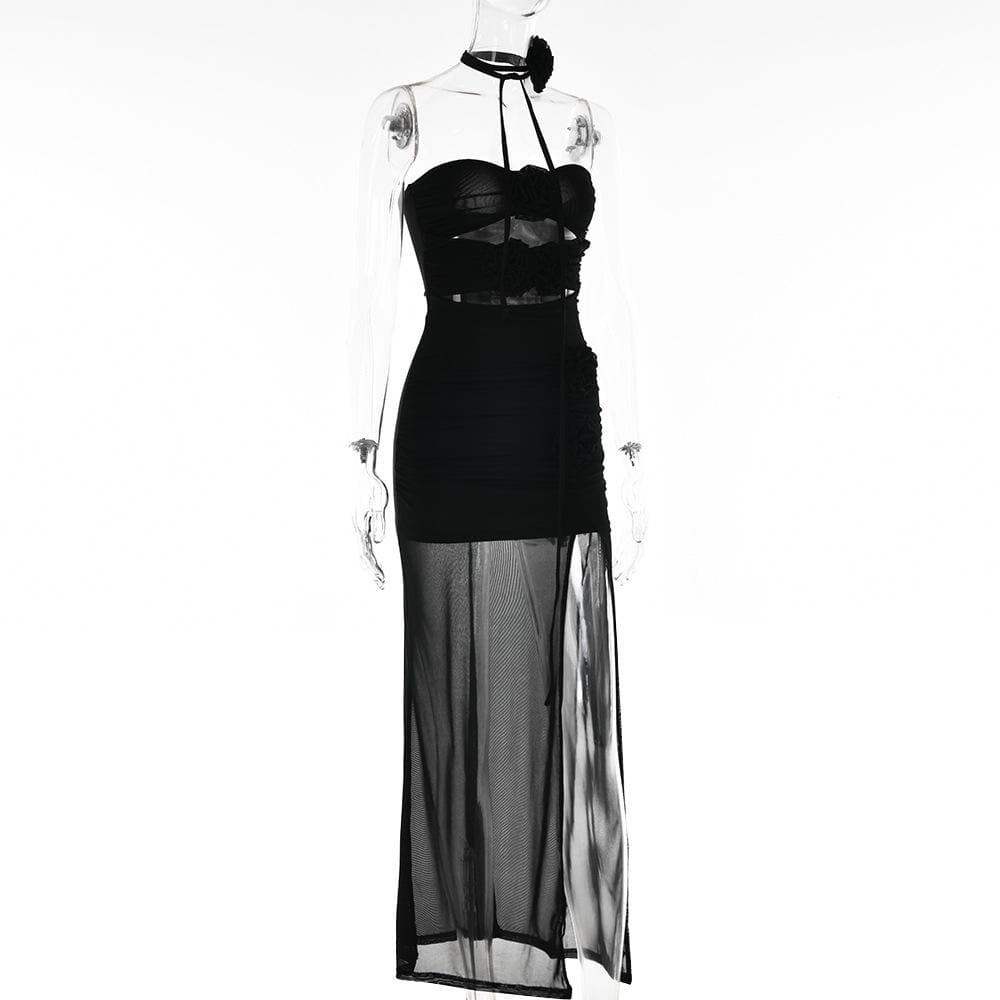 Mesh Strapless Flower Applique Cut Out High Split Maxi Dress - View 4