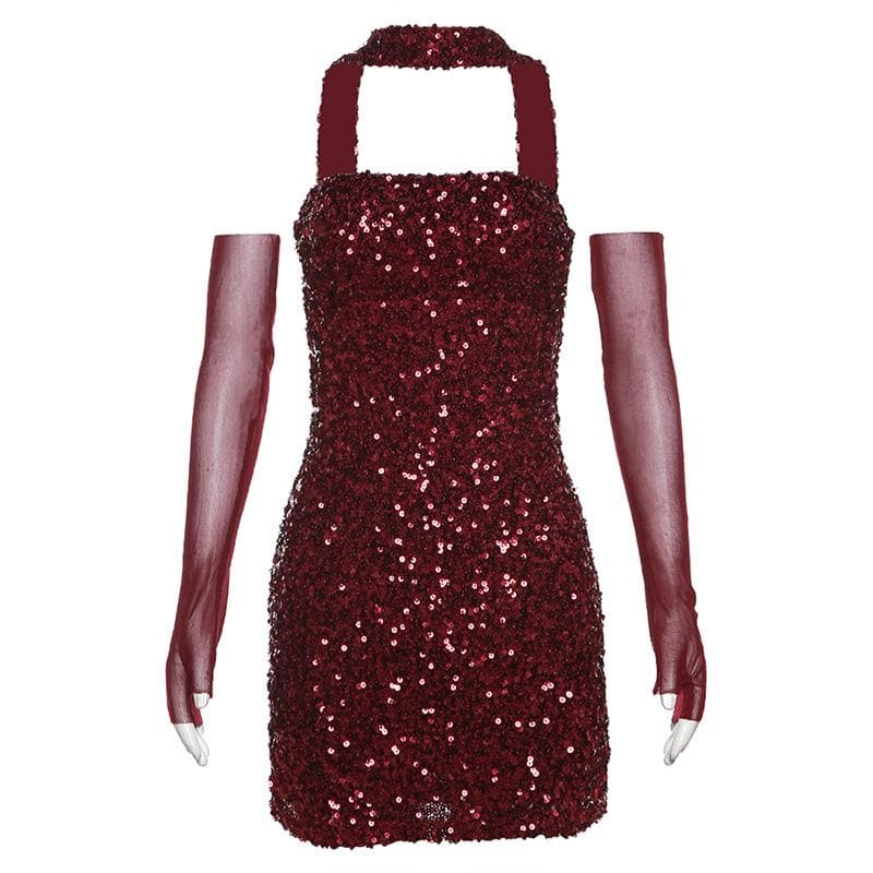 Sequin Mesh Glove Halter Neck Bodycon Mini Dress - View 4