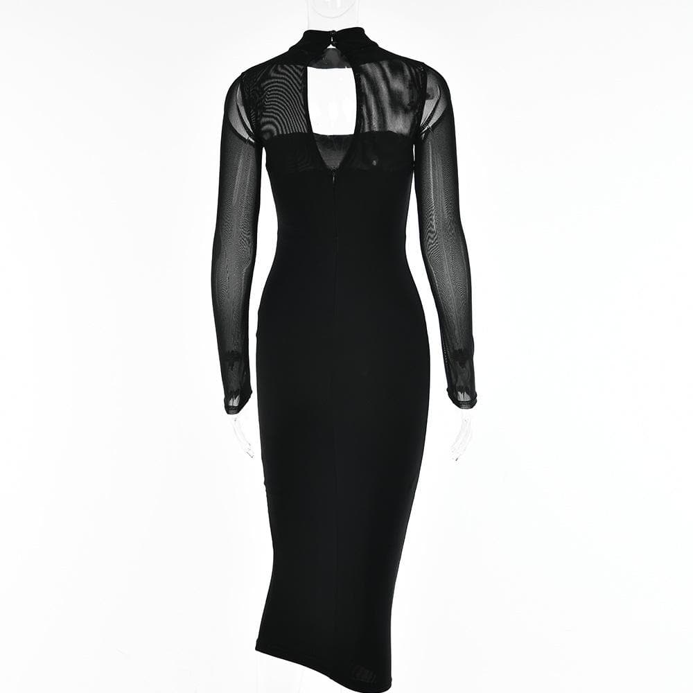 Sheer Mesh Long Sleeve Choker Strapless Bodycon Midi Dress - View 11