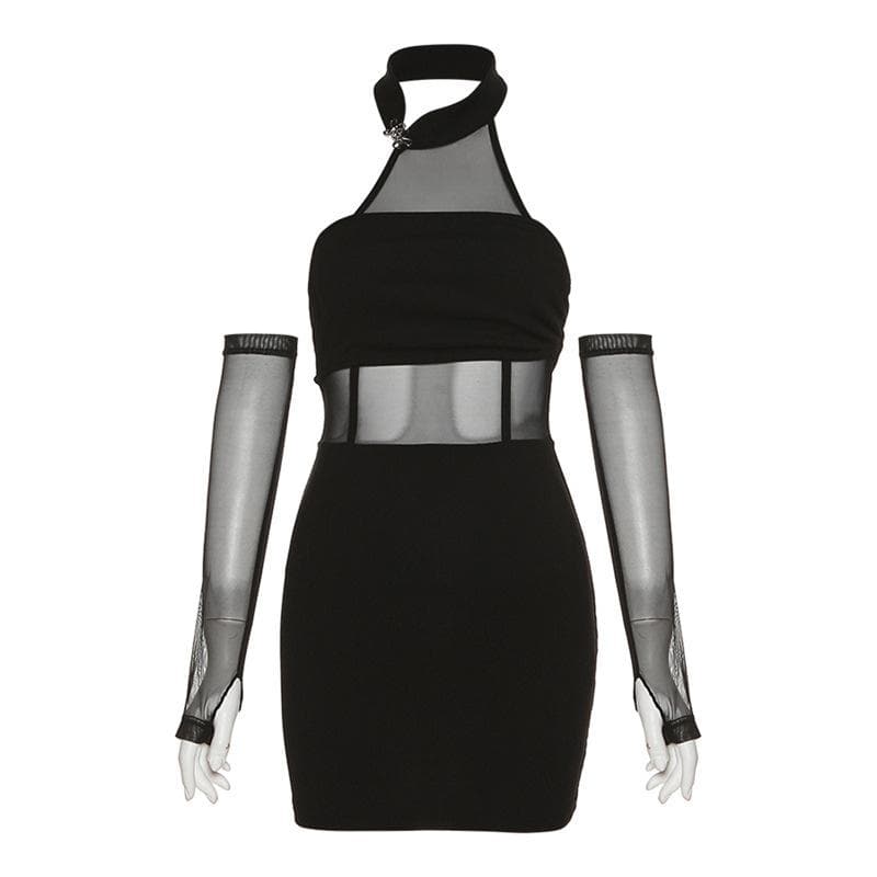 Mesh Halter Neck Glove Sleeve Cut Out Bodycon Mini Dress - View 2