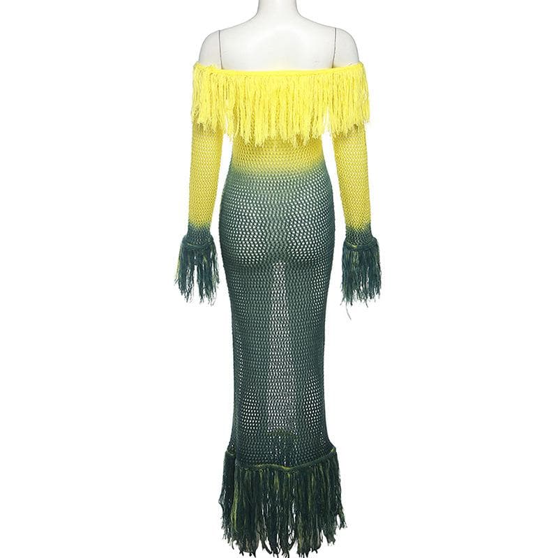 Crochet tassels off shoulder contrast long sleeve maxi dress - View 3