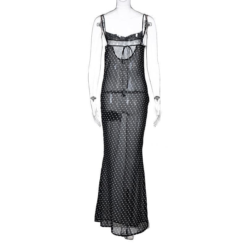Cowl neck polka dot mesh see through maxi dress - View 7