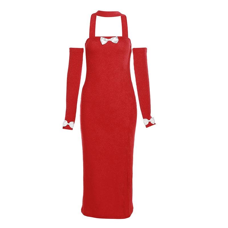 Knit Off Shoulder Long Sleeve High Split Bodycon Midi Dress - View 2