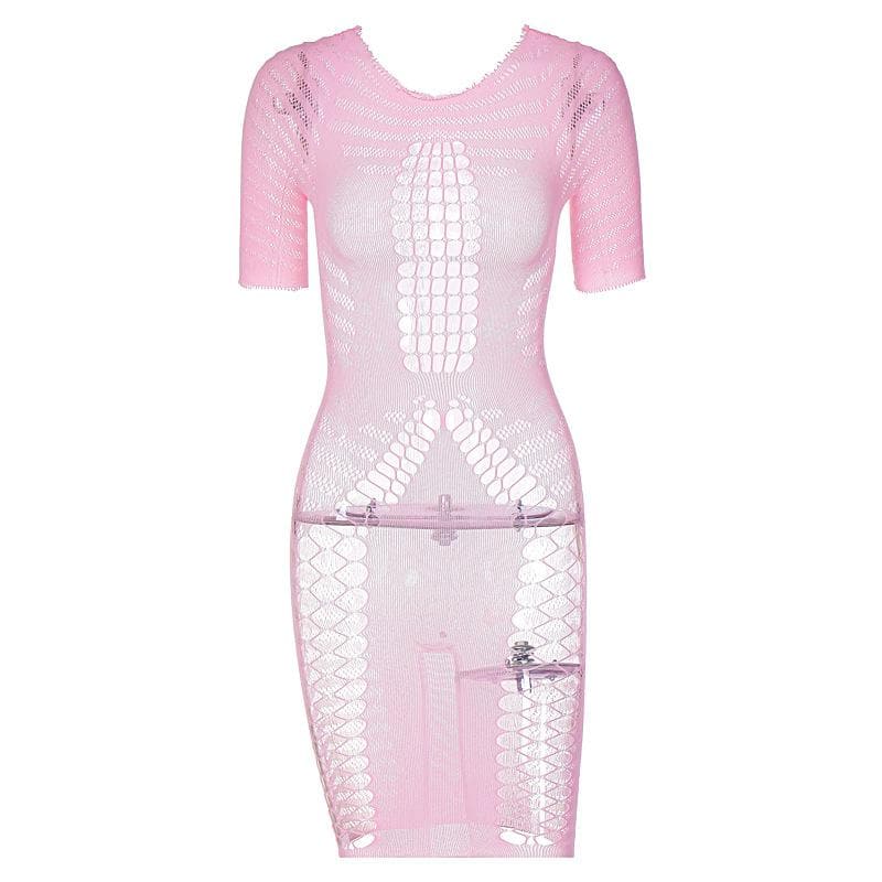 Fishnet hollow out lace up short sleeve solid mini dress - View 7