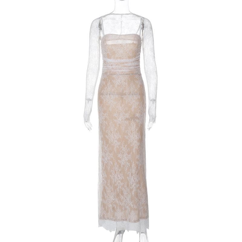 Long sleeve lace zip-up ruched shrug cami maxi dress - View 2
