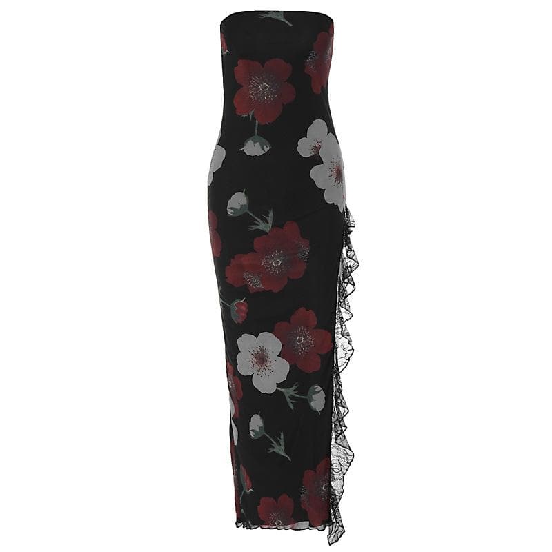 Floral Print Strapless High Split Ruffle Lace Trim Maxi Dress - View 2