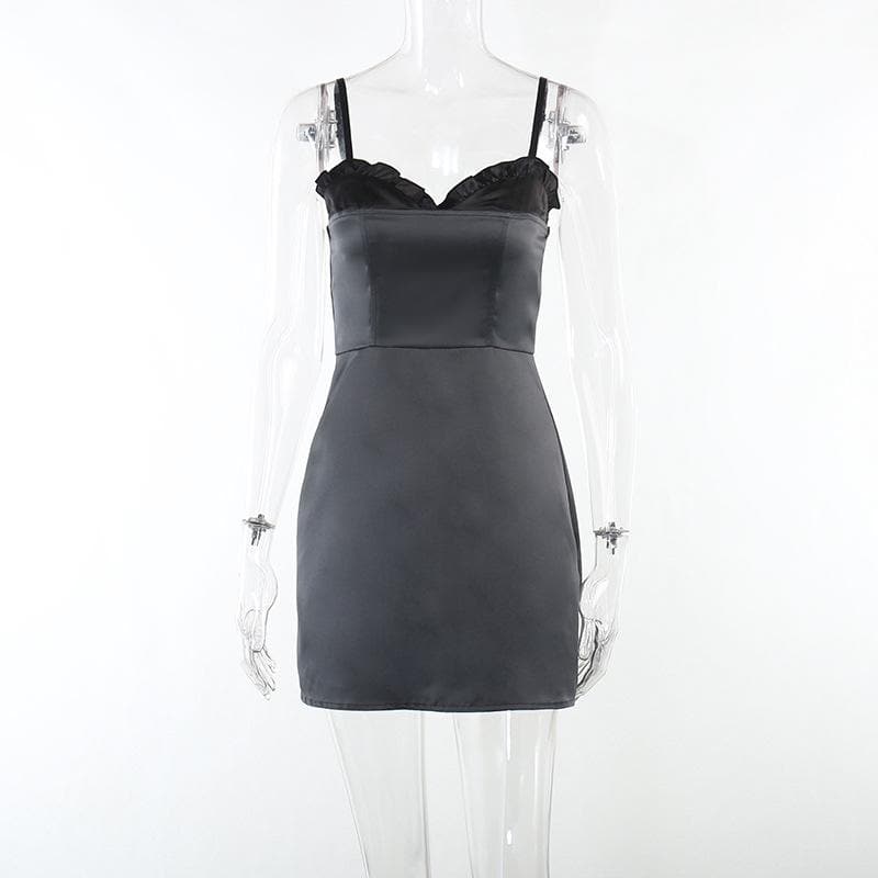 Patchwork satin ruffle contrast zip-up mini dress - Final Sale - View 2