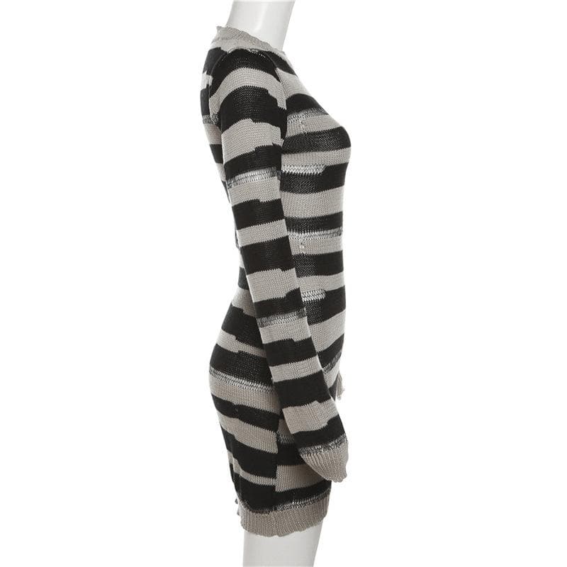 Crochet striped contrast long sleeve crewneck mini dress - View 4