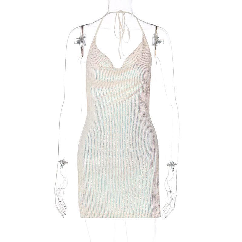 Glitter Cowl Neck Halter Backless High Split Bodycon Mini Dress - View 3