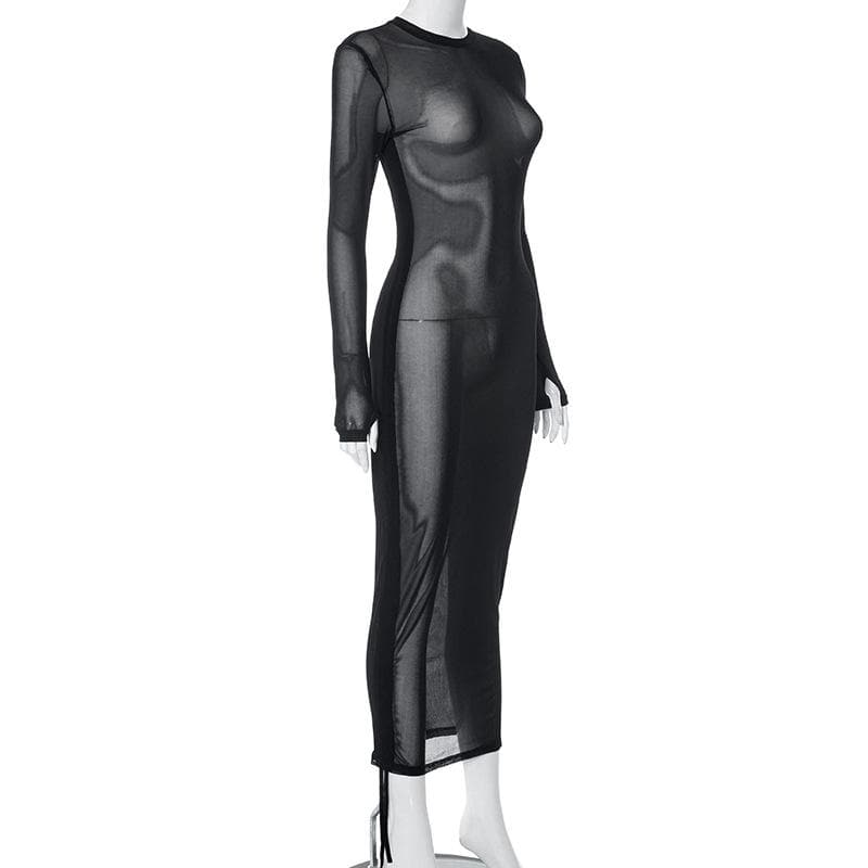 Crewneck long sleeve drawstring sheer mesh see through midi dress - View 4