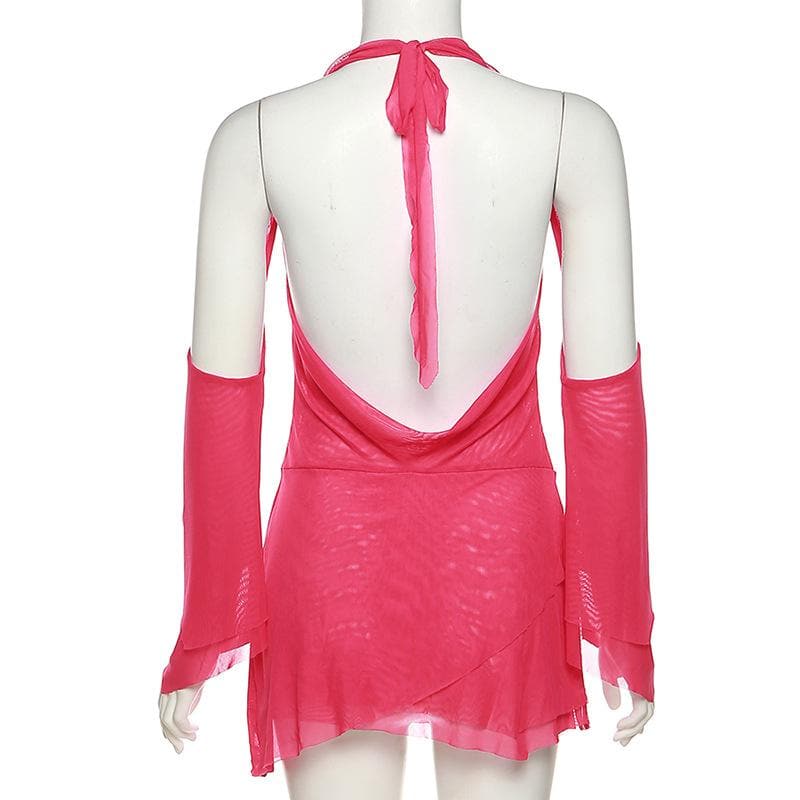 Mesh Cowl Neck Halter Long Sleeve Ruched Mini Dress - View 7