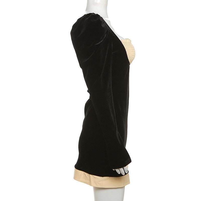 Smocked patchwork ruched contrast long sleeve velvet mini dress - View 8